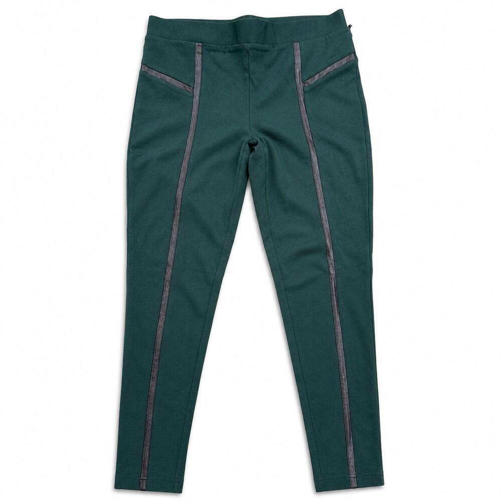 Vince Camuto Leggings Medium Green Skinny Pants Faux Leather Trim Stretch Ponte
